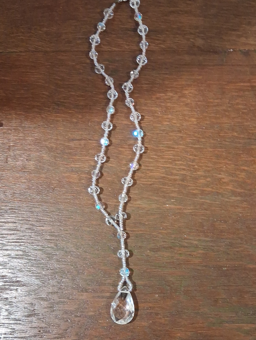 Clear Crystal Teardrop Necklace with Beaded Chain